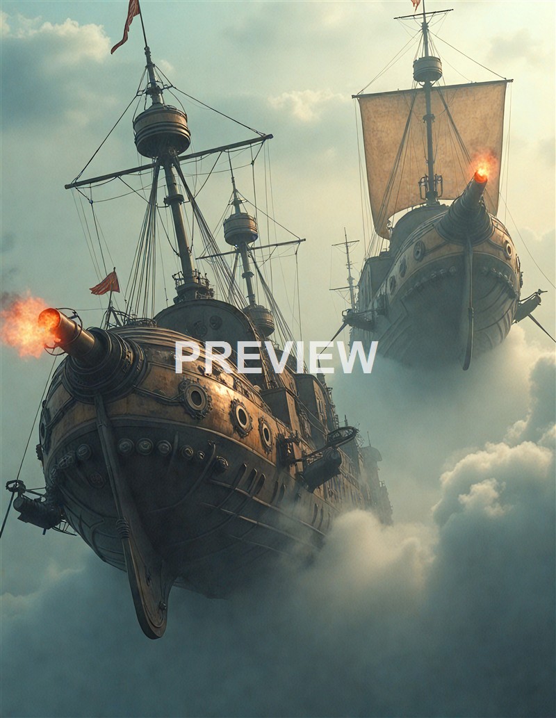 Two large, steampunk-style flying ships with cannons firing, soaring through a cloudy sky with sunlight filtering through.